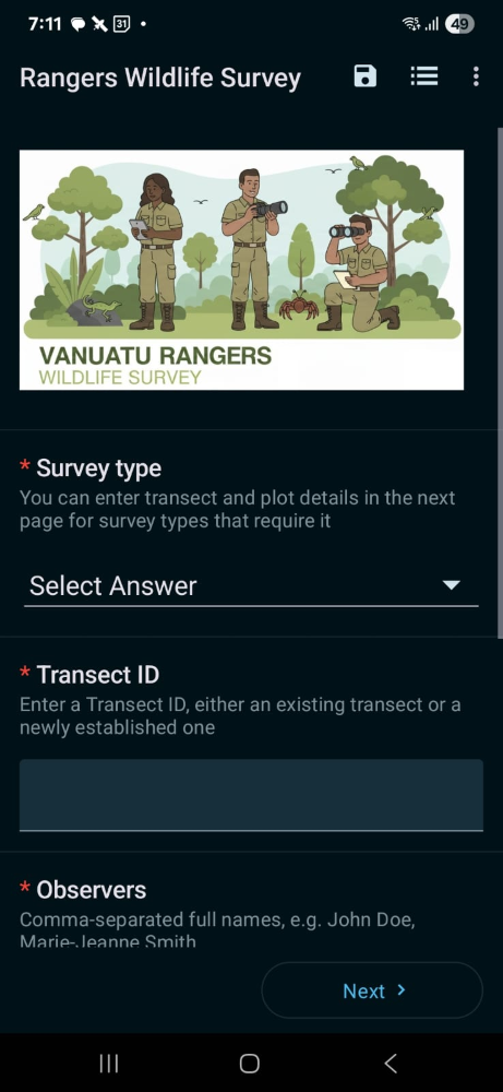 Screenshot of data entry page